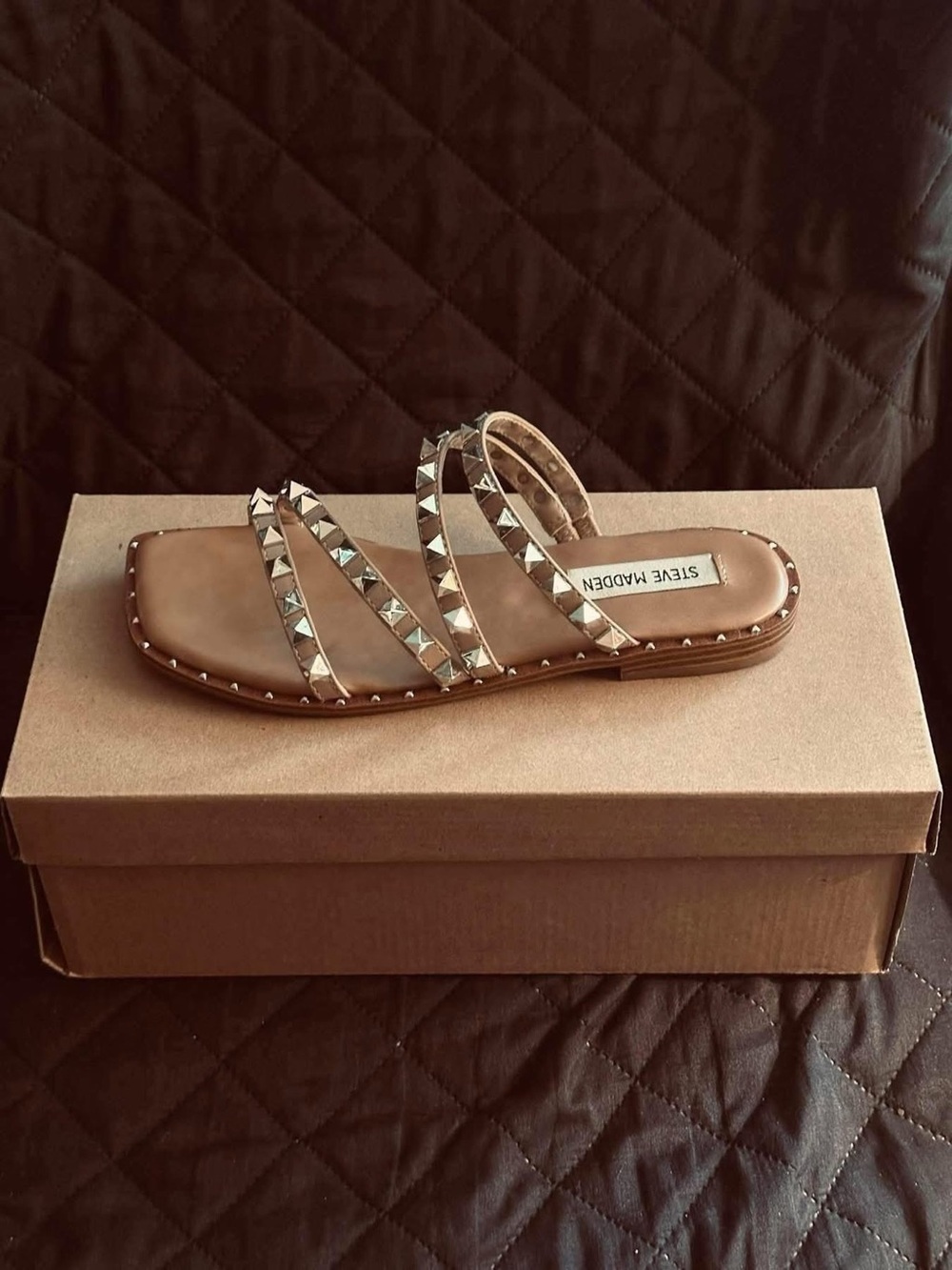 Steve Madden Tan Skyler Stud Slide Sandals